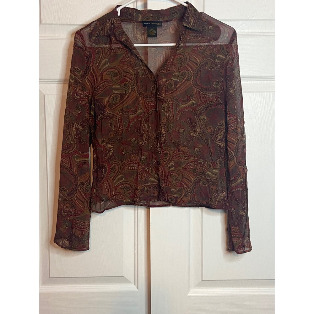 Grace Dane Lewis 100% Silk Sheer Paisley Blouse 6P Burgundy Brown Boho Y2K